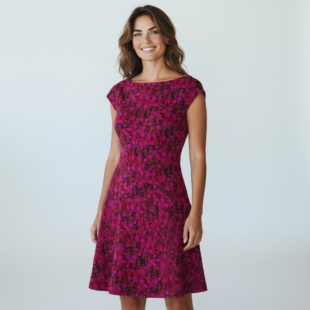 Chaps Pink Purple Abstract Print Boat Neck Cap Sleeve Fit Flare Dress L
Preppy